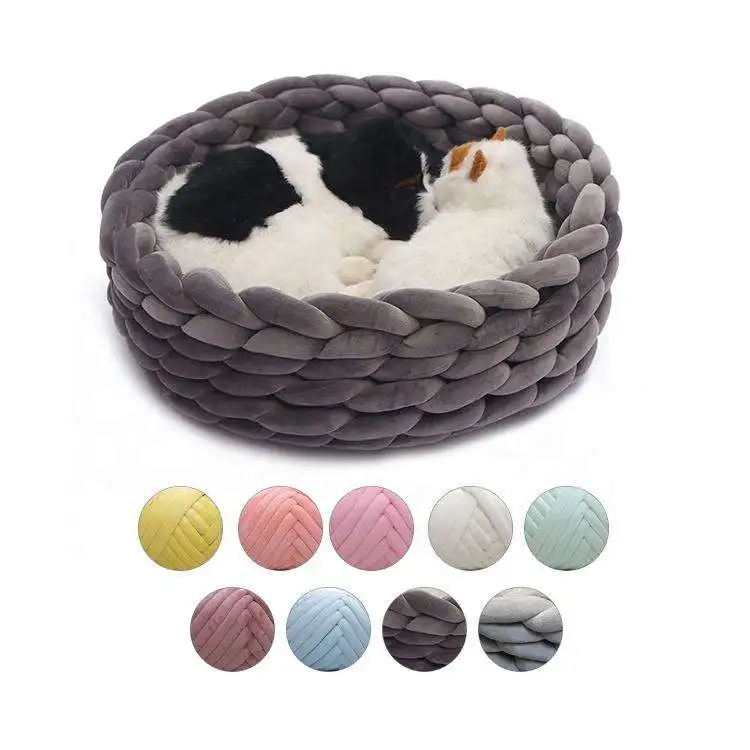 Wholesale High Quality Eco-friendly New Stylish Comfortable Velvet Round Pet Sleeping Bed Knitted Pet Beds Tube Yarn