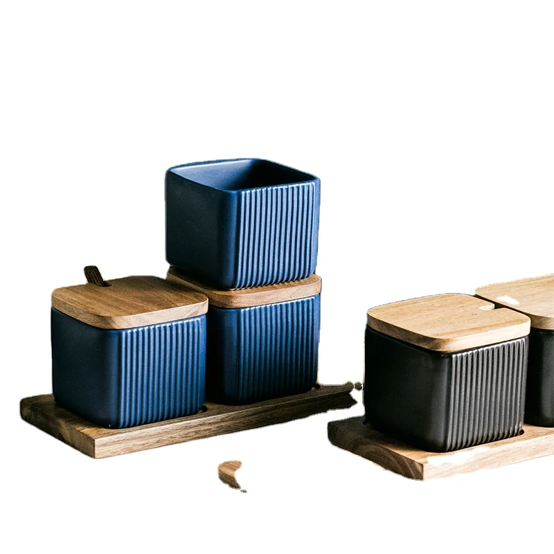 Kitchenware Ceramic Seasoning Salt Pepper Bottle Porcelain Set Three Spice Jar Container with Spoon