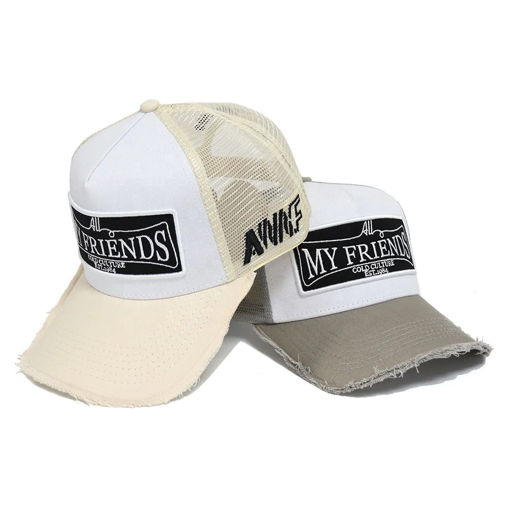 Hat Manufacturer Best Selling 5 Panel High Profile Trucker Caps Customized Embroidery Logo Distressed Net Caps