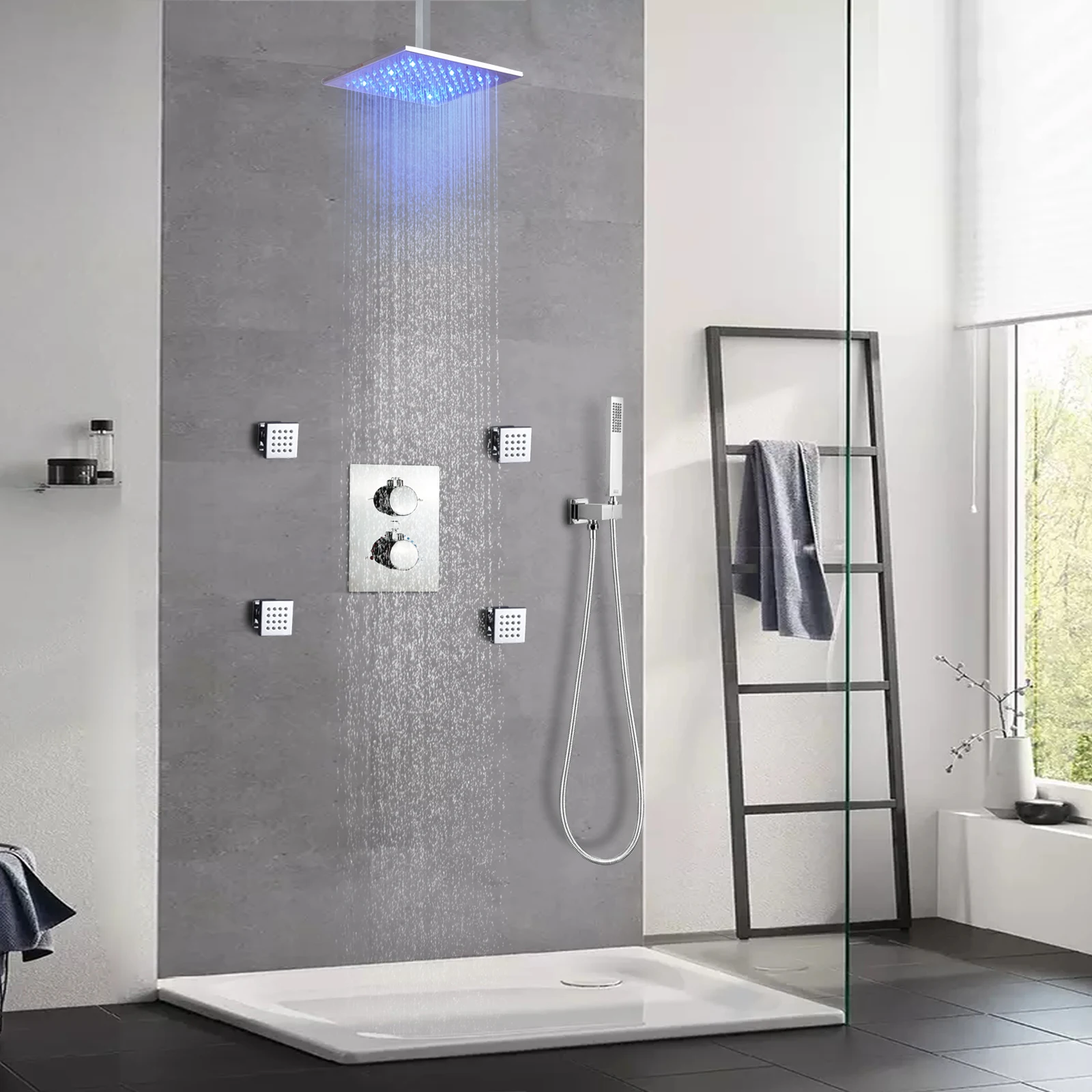 CUPC Thermostatic Shower Set 10Inch LED Shower Head Bathroom Rain Faucets Saving Water Wall Mounted Box Chrome System