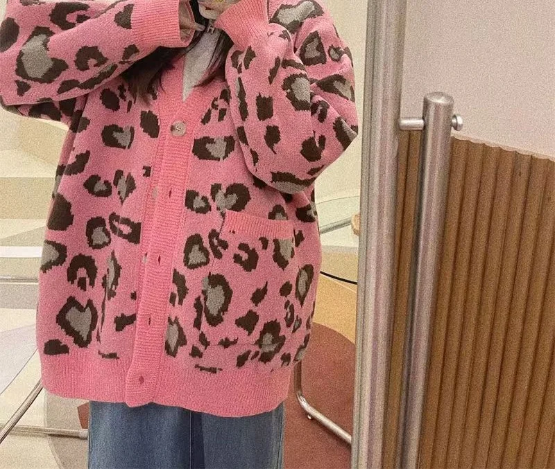 Women Loose Elegant Casual Women Cardigan Fashion Leopard Knit Cardigans Sweater