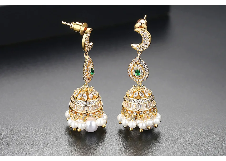 E-2017100514 Sale Well Gold Plated Long Drop Moon Water Drop Zircon Stud Earrings