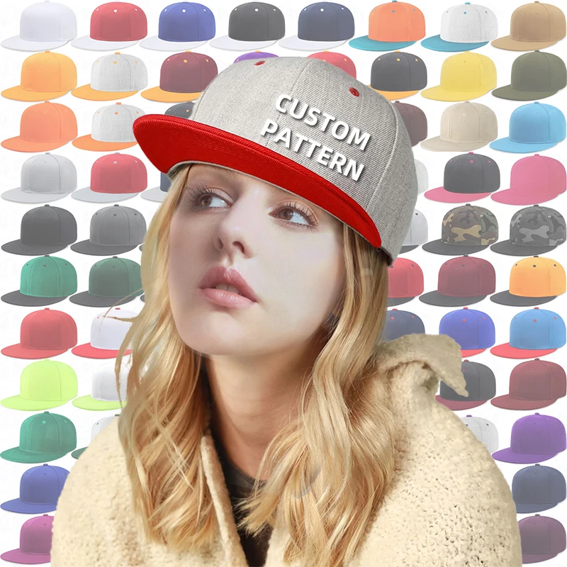 Wholesale Custom Design Adjustable Black Flat Brim Bill 5 6 Panel Hip Hop Gorros Men Unisex Flat Brimmed Snapback Cap Hat