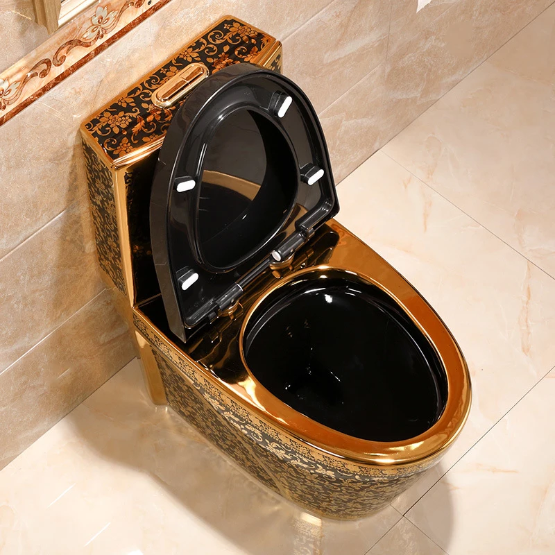 Vintage Luxury Royal Electroplate Color Porcelain Commode Toilet Bowl Set Ceramic Sanitary Ware One Piece Black And Gold Toilet