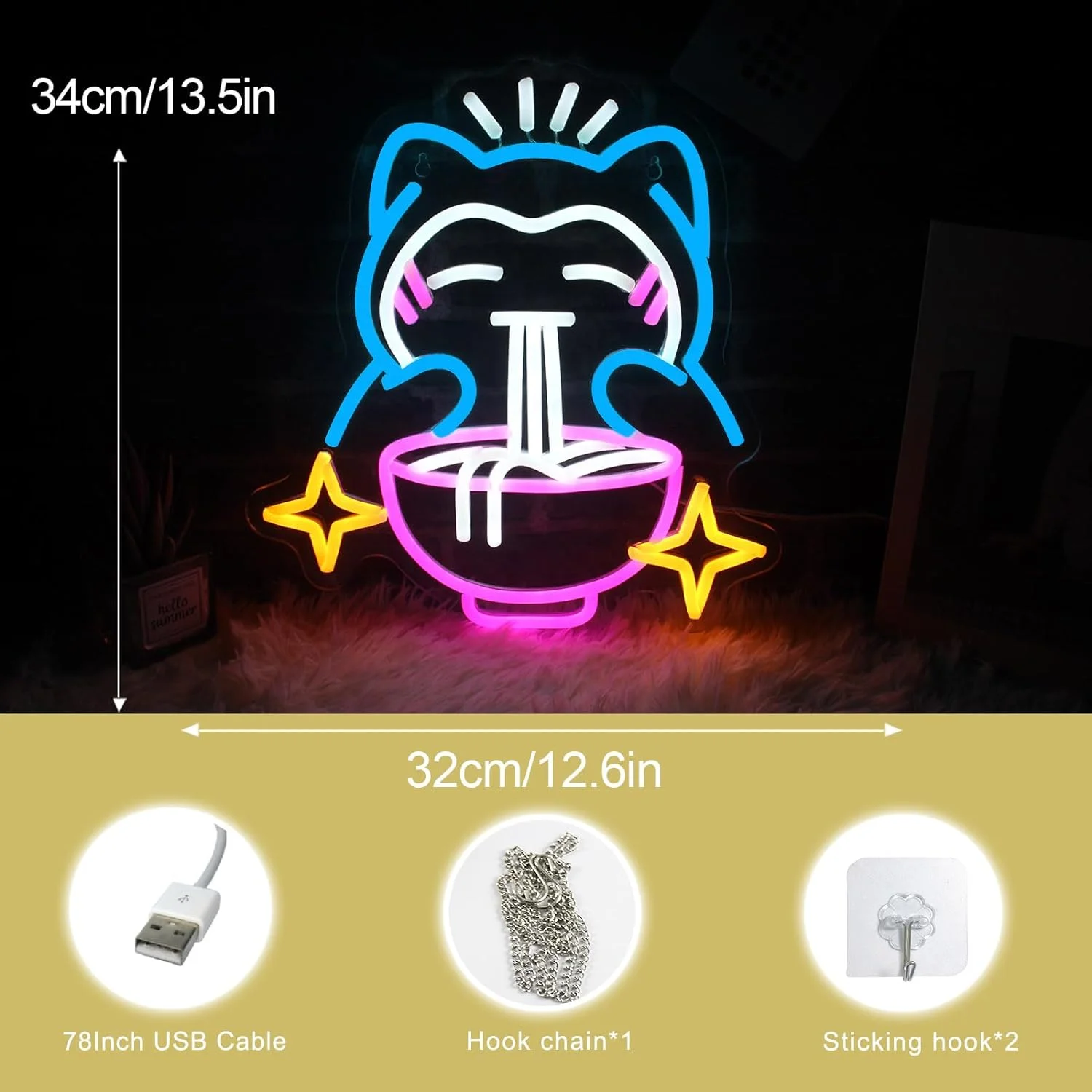 Ramen Neon Light Cute Bear Noodles Sign Blue Dimmable neon lights for wall neon light decor  For Restaurant Home Bar