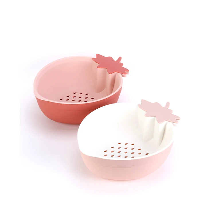 Custom Lovely Strawberry Shape Double Layer Fruit Colander Set Plastic Drain Basket With Small Storage Box