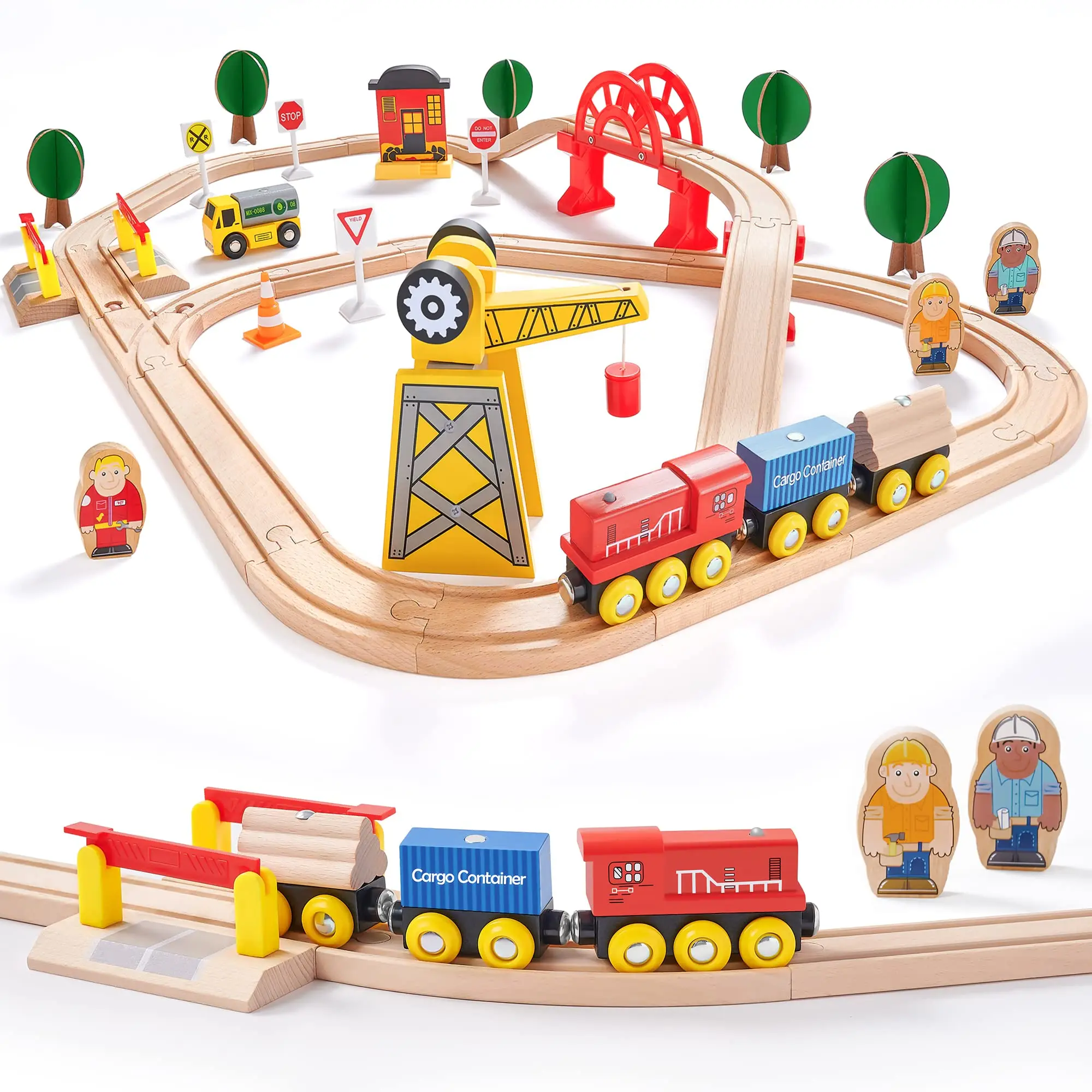 Train Set Wooden Train Set Toy For Boys Girls with Wooden Train Track Wooden ToysToddlers Kids Railway Set Christmas Toys