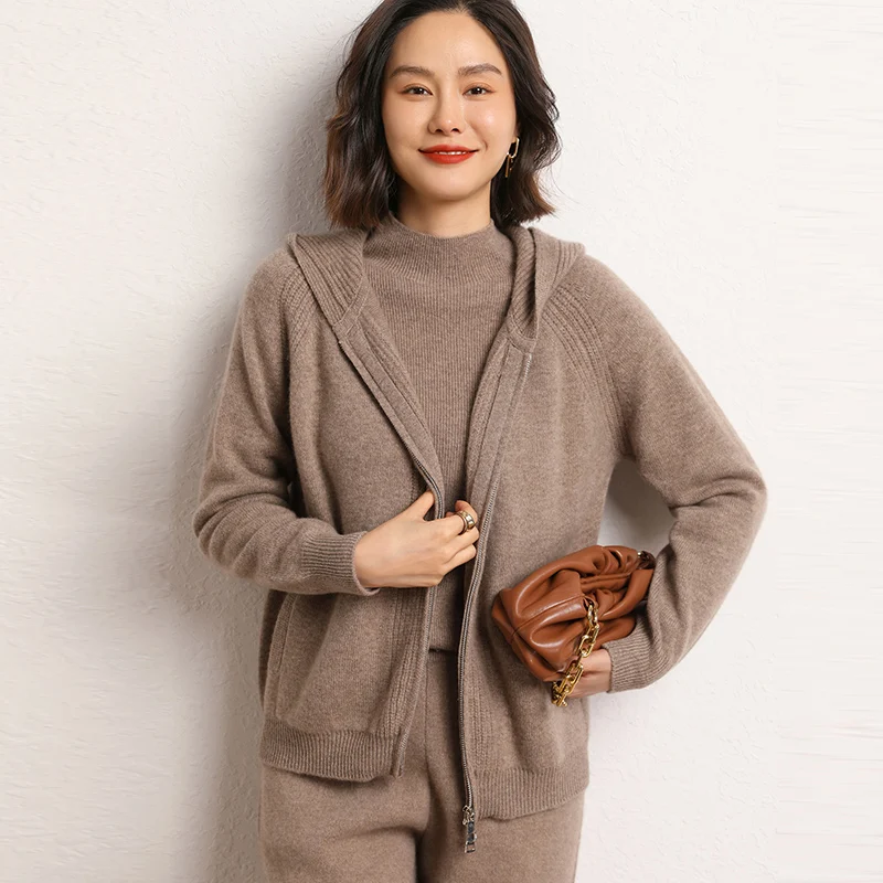 Wholesale Zippered Cashmere Cardigan for Women 100% Cashmere Sweater Thickened Loose Knitted Jacket Custom logo