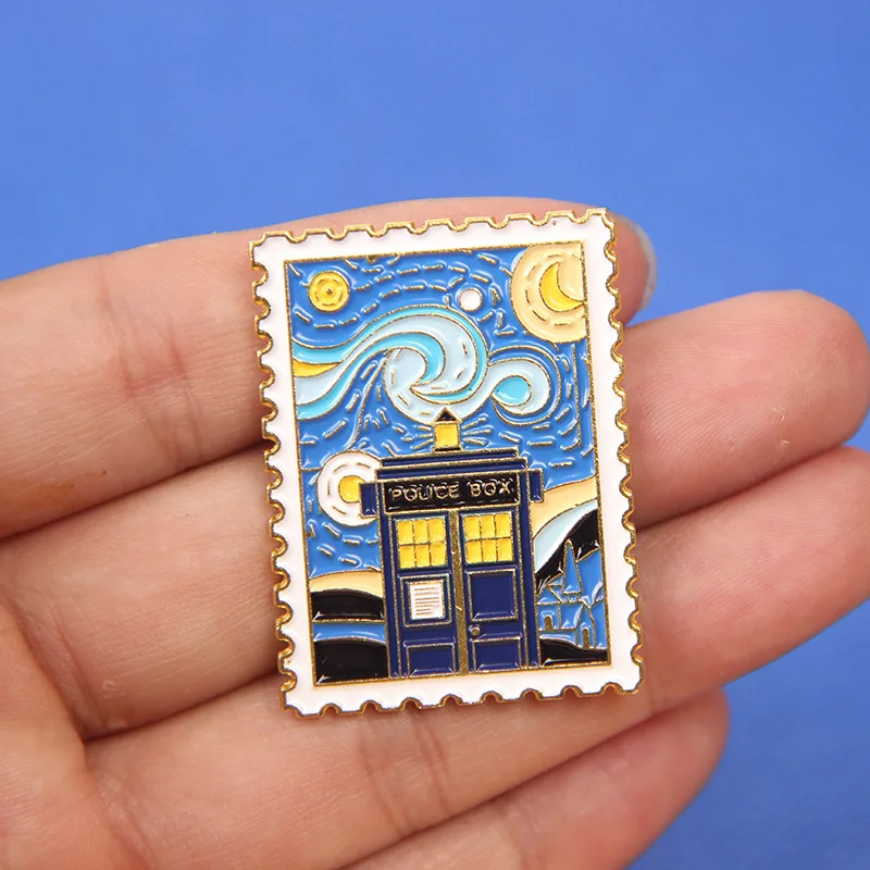 A time machine under the stars a Tardis stamp brooch a Van Gogh oil painting medallion
