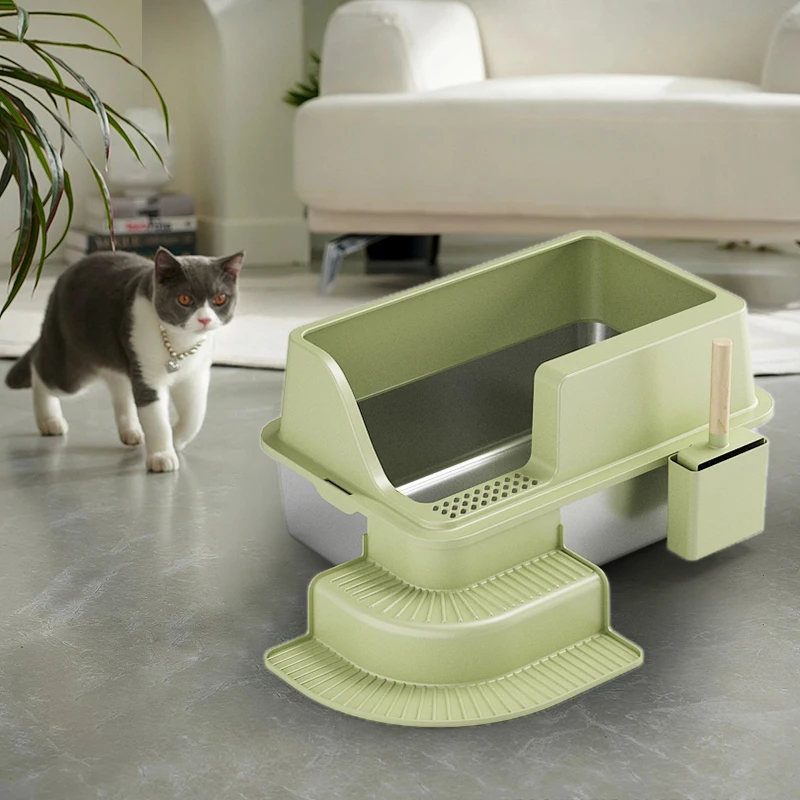 Green High Sided With Shovel Sliding Scoop Stainless Steel Semi Enclosed Portable Cat Litter Box Tray Cat Toilet Furniture