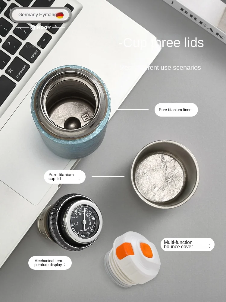 IMOGY Luxury Titanium Insulated Water Bottle Mechanical Thermometer Display Double-Layer Vacuum Antibacterial Tea Cup for Adults