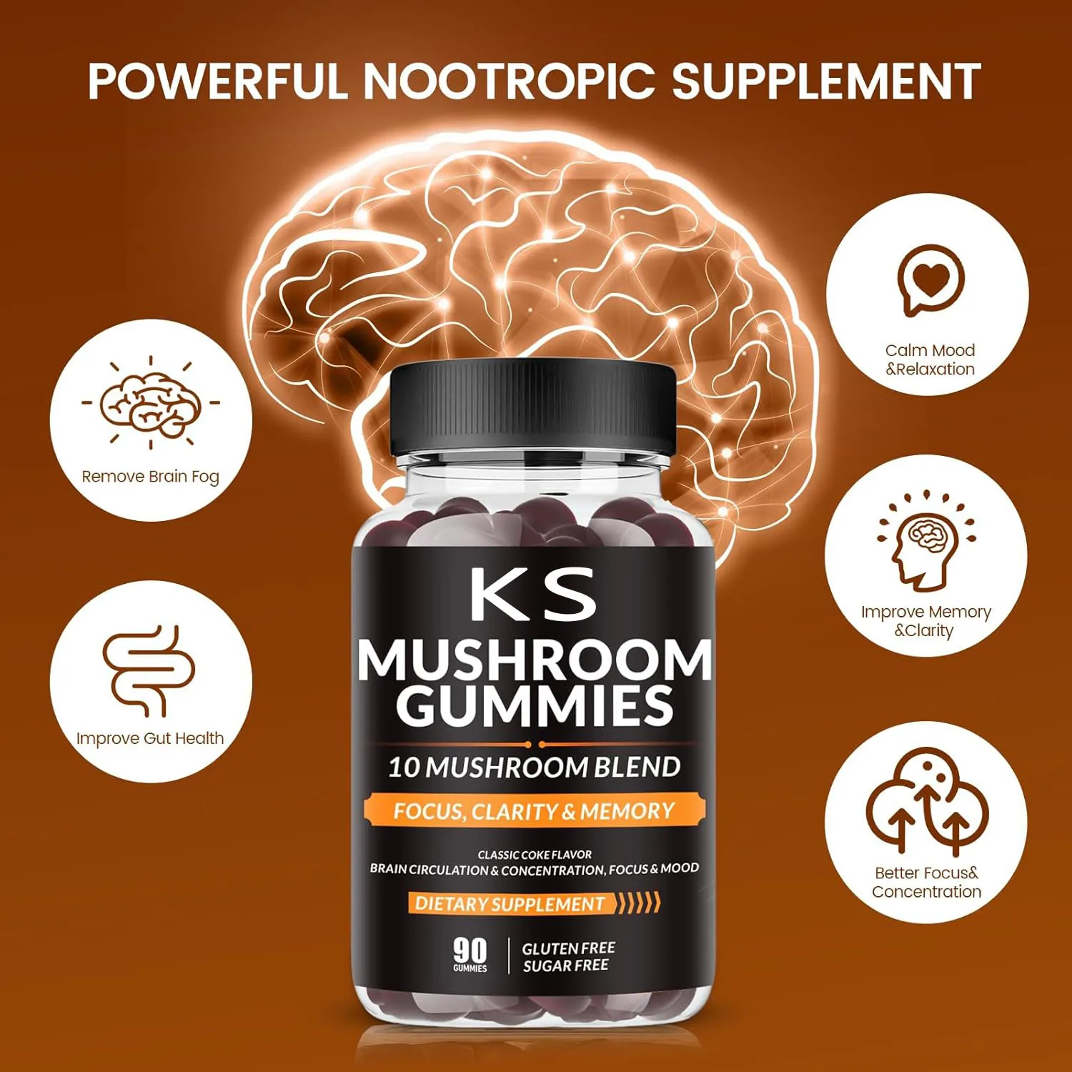 Private Label Vegan Super 10 Mushroom Gummies Sugar-Free Brain and Energy Supplements Organic for Adults