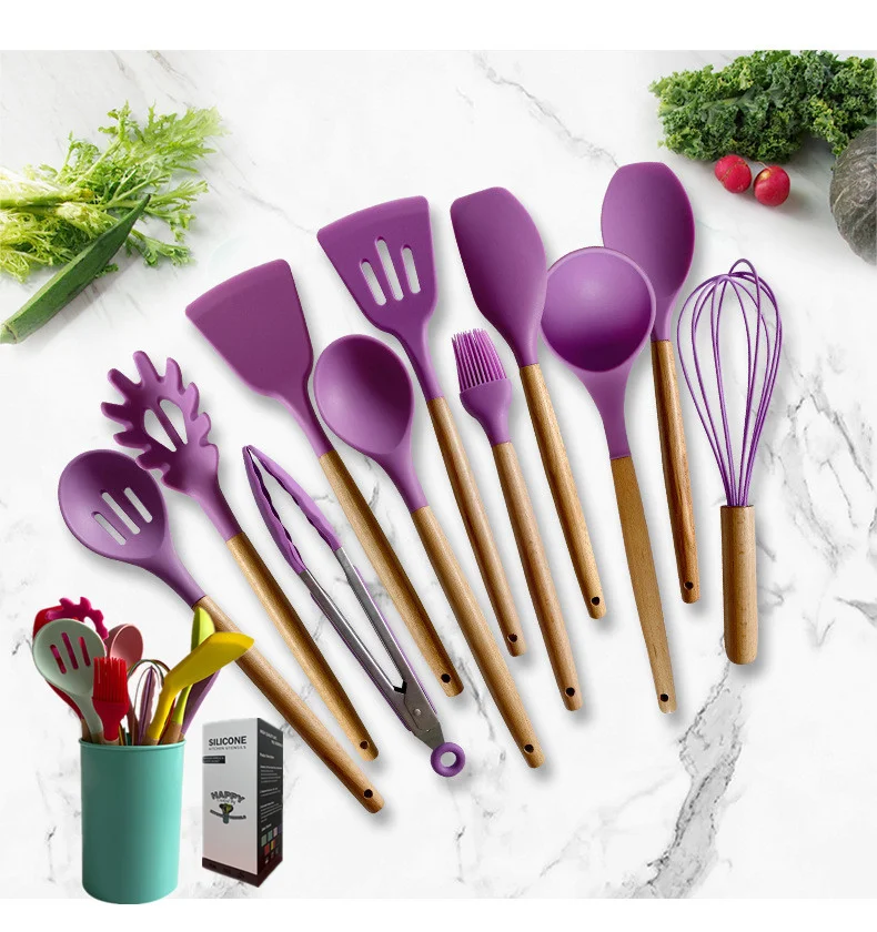 2020 hot sellings Silicona Utensilios Accesorios kitchen Utensilios de cocina Resistentes with wooden handle products