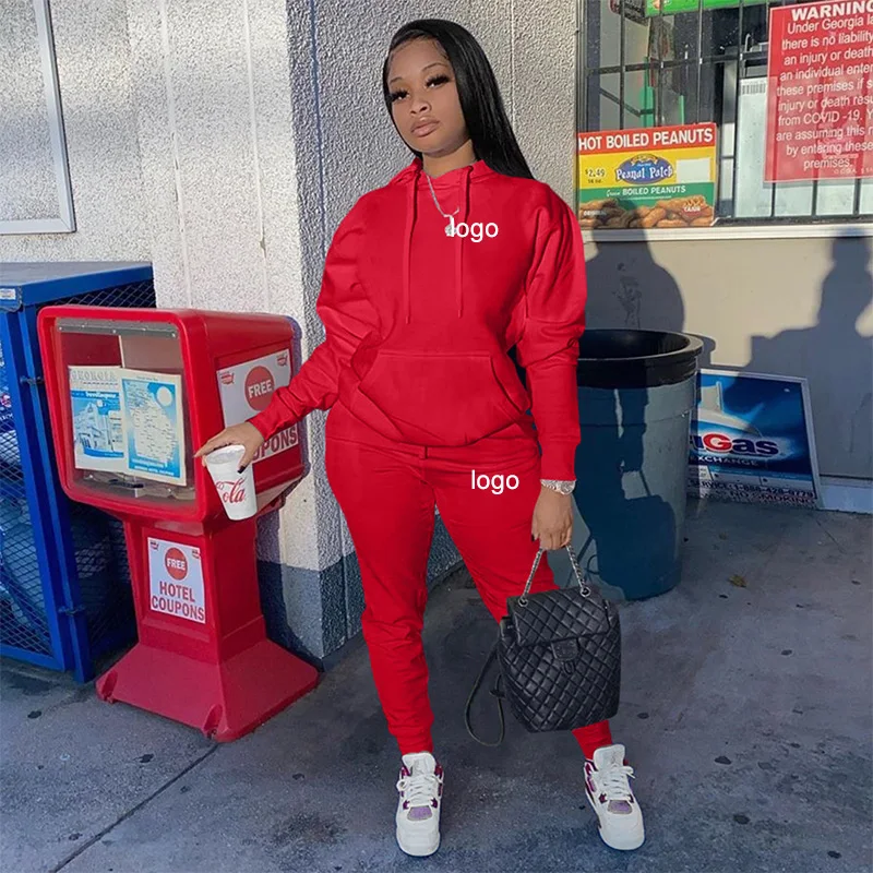 Customized Logo Women Fashion Solid Color Hoodie With Pocket Casual Two Piece Sports Set