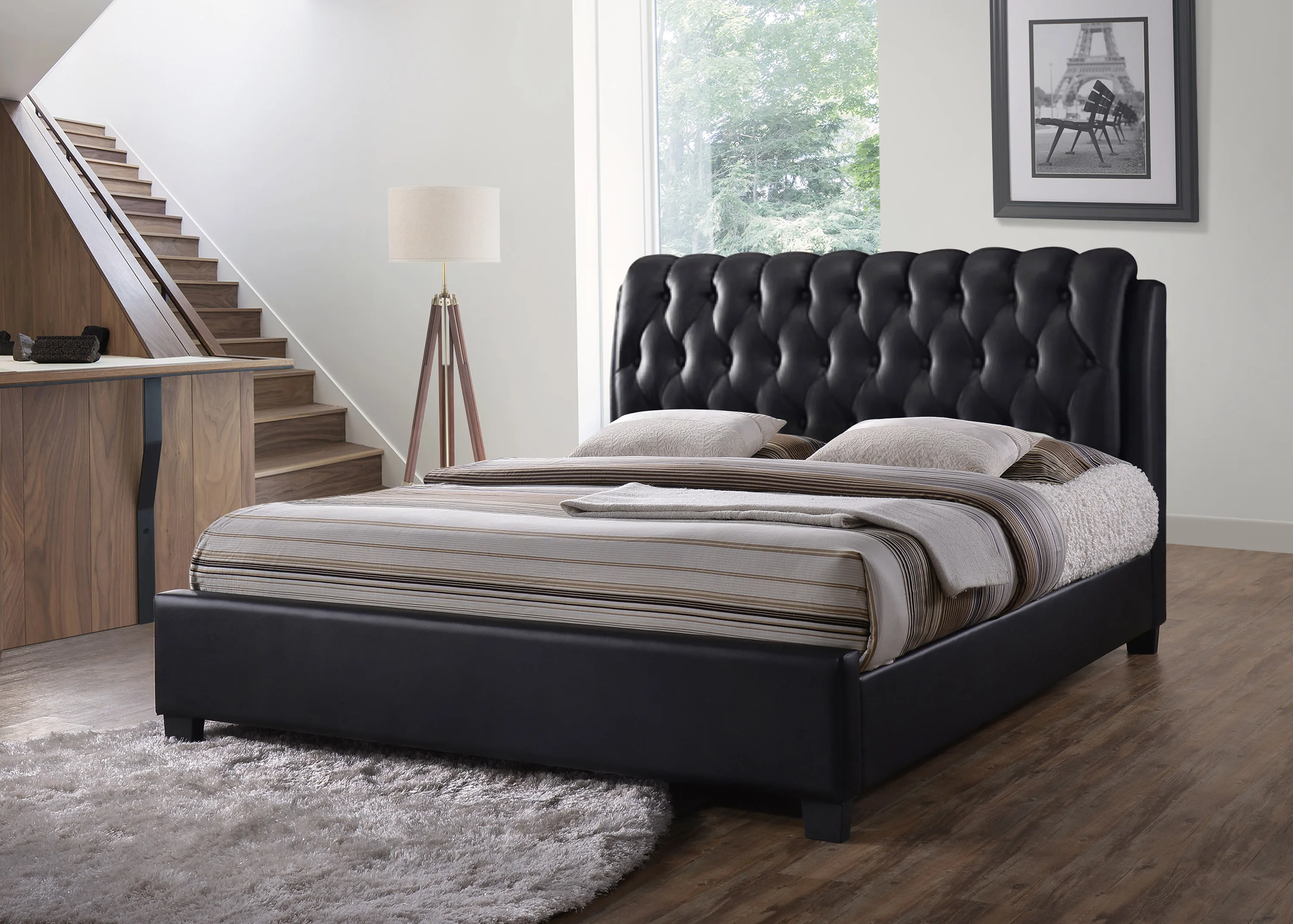 Best Selling Bedroom Furniture Premium Quality Upholstered Bed  Buttons Design In PVC Material Natural Brown Twin Size Bed