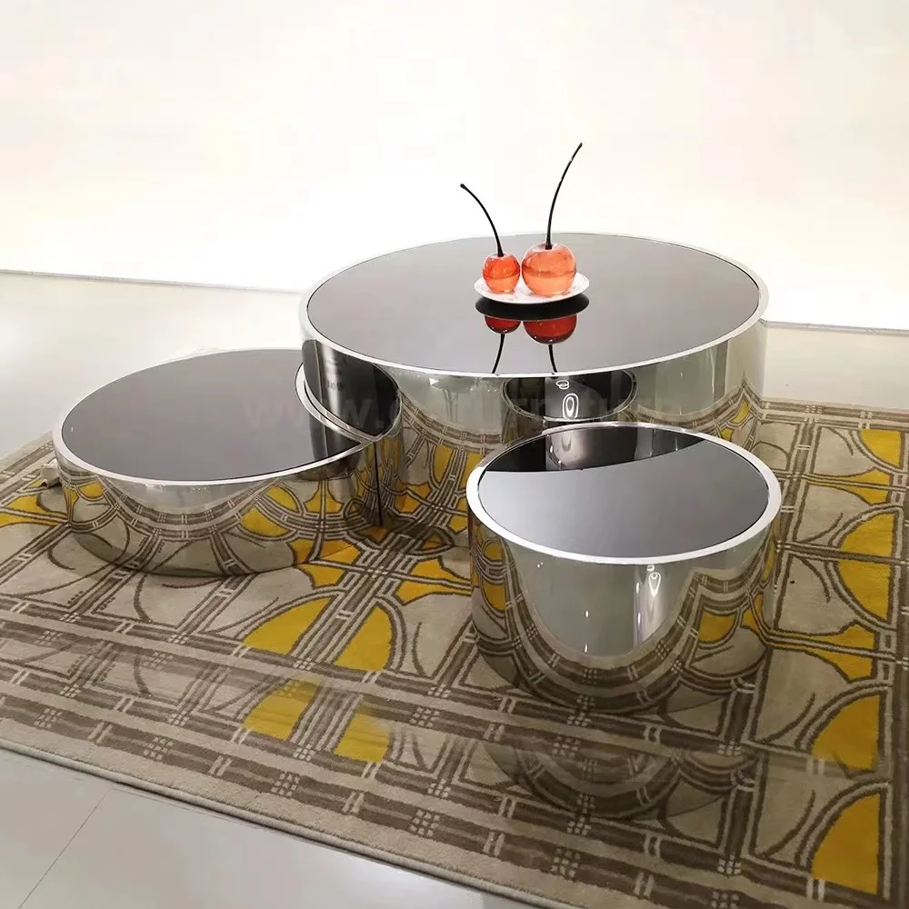 Hot Sale Modern Luxury Living Room Furniture Round Glass Coffee Table Set Matte Gold Stainless Steel Frame