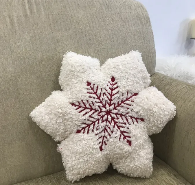 New warm cozy teddy fur snowflake Nordic custom shaped embroidery red white decoration Christmas pillow cushion