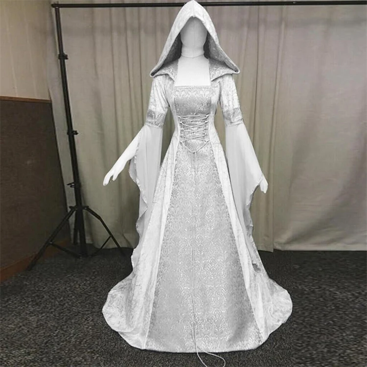 Simple Medieval court retro style wedding dresses Lady solid color long sleeve hooded waist dress party small tail evening gown