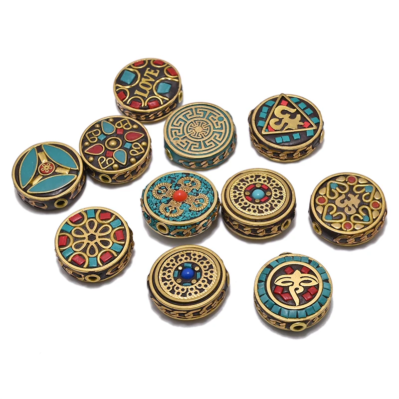 TZ-H 10PCS Handmade Nepalese Buddhist Tibetan Brass Metal & Clay Loose Craft Beads for Necklace Jewelry Making DIY Flat Round