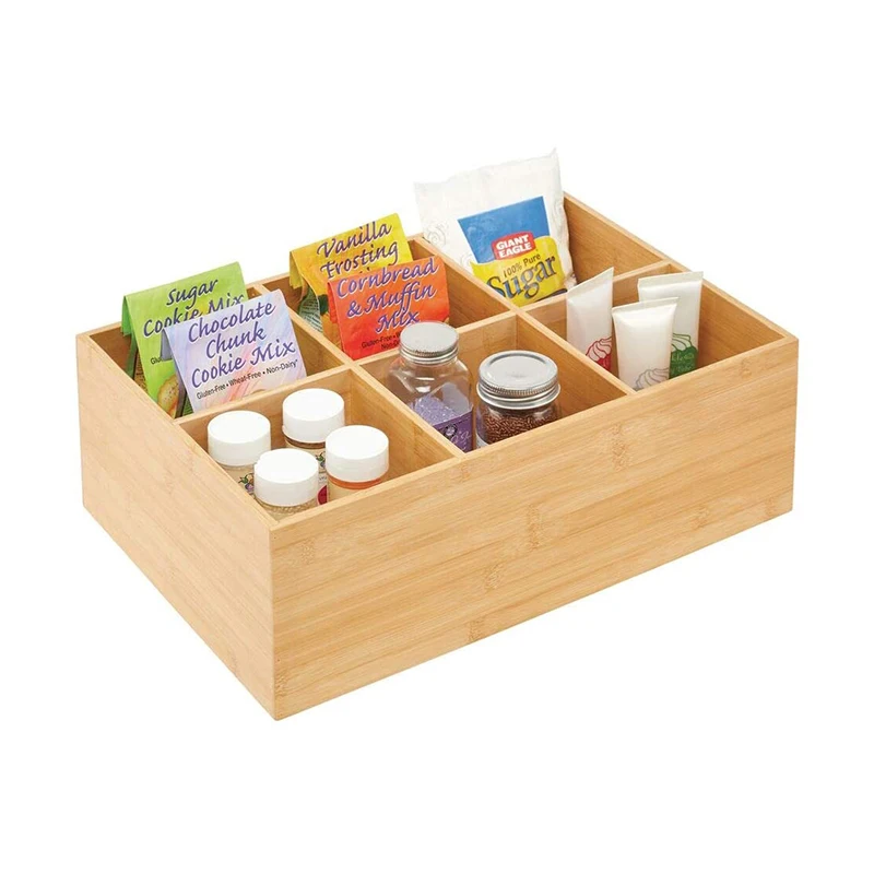 Bamboo Kitchen Cabinet Pantry Organizer Bin 6 Divided Sections Eco-Friendly Multipurpose  Use in Drawers on Countertops