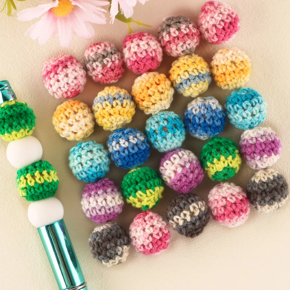 Organic Handmade 16mm Teething Wooden Colored Crochet beads Round Colour Mix Ball Knit Crochet Beads Baby Crochet Cotton Beads
