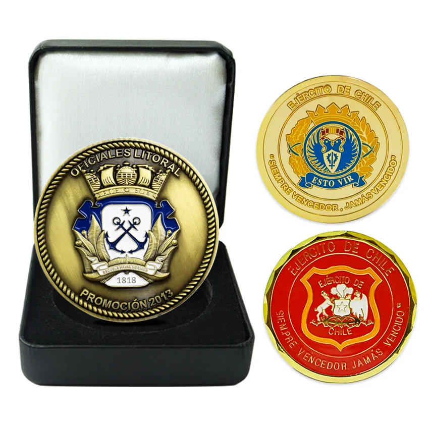 Custom chile cheap double coins metal zinc alloy metal engraved logo gold enamel challenge coin