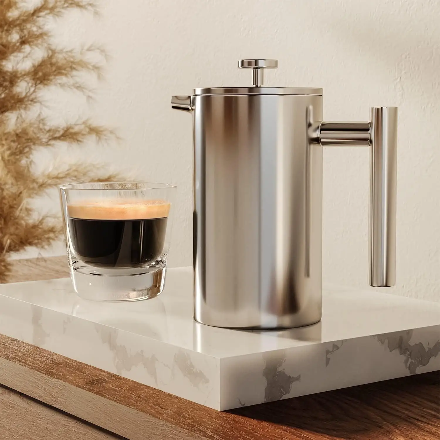 French Press Coffee Maker 304 Grade Stainless Steel Insulated Coffee Press with Silver