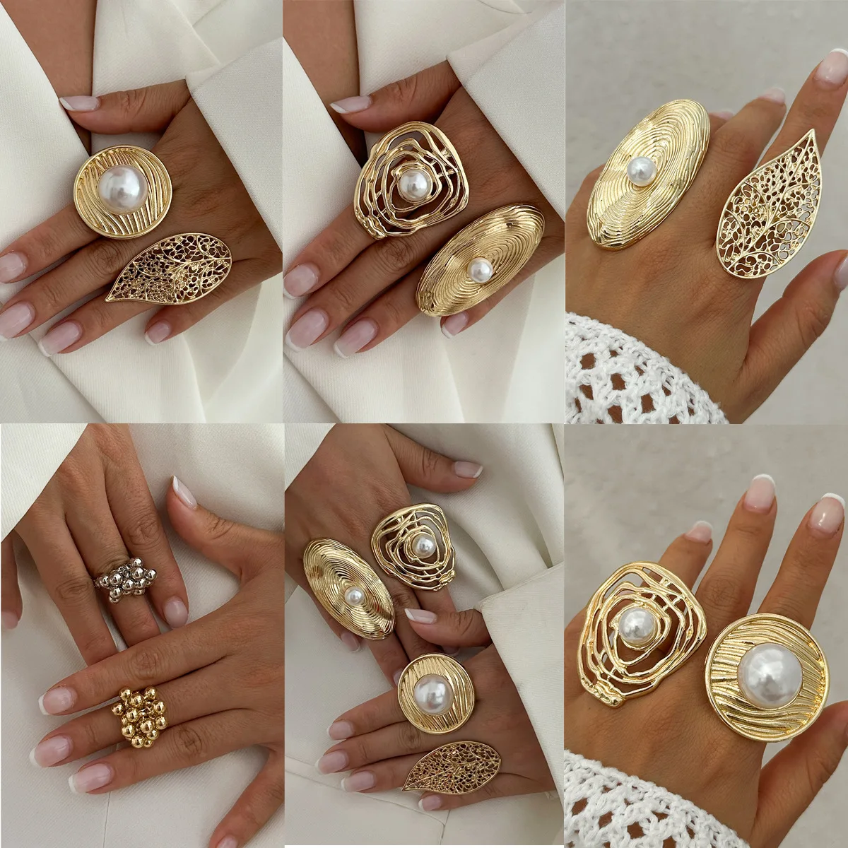 Irregular hollow winding imitation pearl ring online ring store for women wholesale N2408055