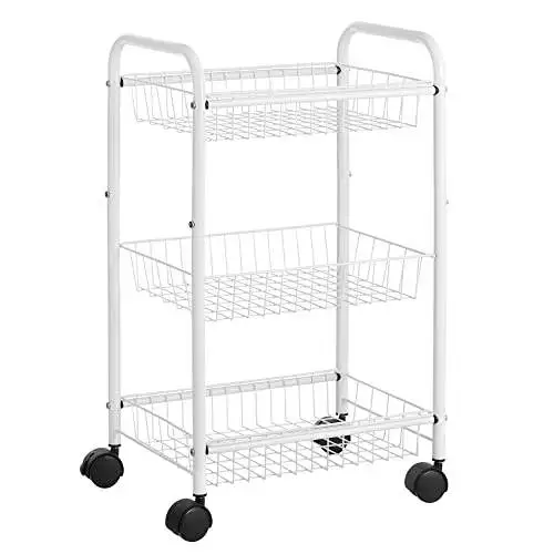 3-Tier White Metal Removable Storage Shelves Rolling Cart on Wheels Lockable Utility Trolley with Handles