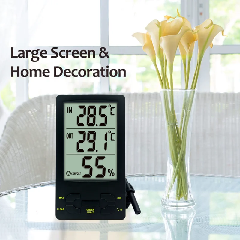 High Accuracy Electronic Wall Mounted Large Number LCD Display Max Min Records Black ABS material Backlight Thermo-hygrometer