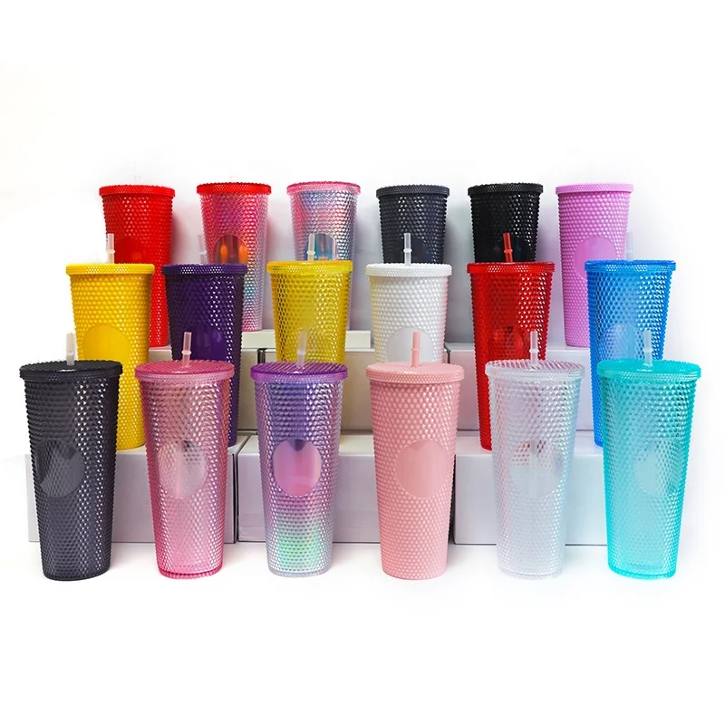 Wholesale Custom Logo Promotional Gift 24oz Pink Double Wall Studded Coffee Cup Tumbler with Straw and Lid