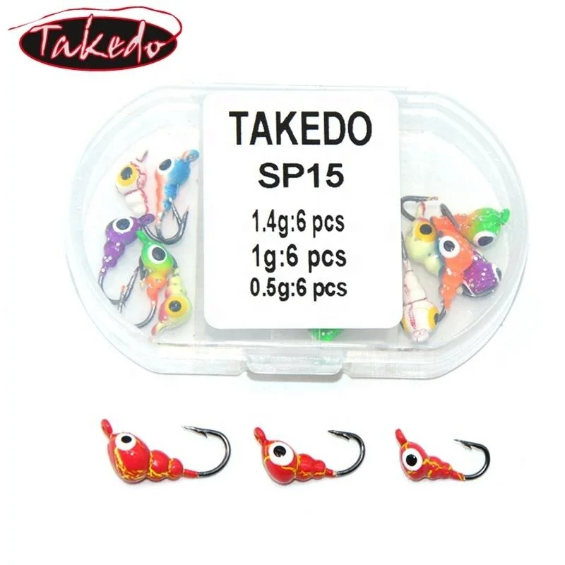 TAKEDO SP15 18pcs Per Box  0.5g 1g 1.4g  Luminous Winter Mini Lead Jig Fishing Jig Head Hookl Arvae Shape  Hook   Ice Lure