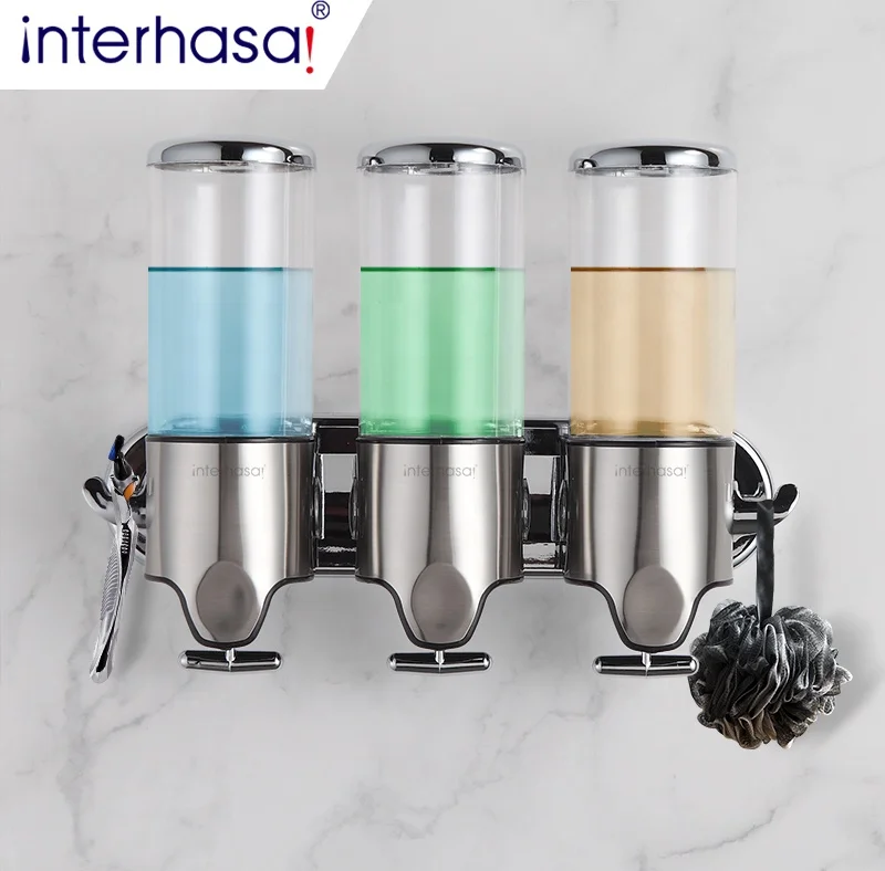 OEM 1500ml Triple 3 soap dispenser wall mount bathroom soap and shower shampoo 3 chamber dispenser with shower ball