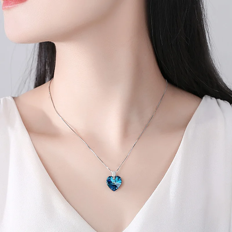 Gold&Silver Island 100% Real S925 Sterling Silver Pendant Blue Gem Heart Stone for Women with Box Chain 14*18mm HOYON
