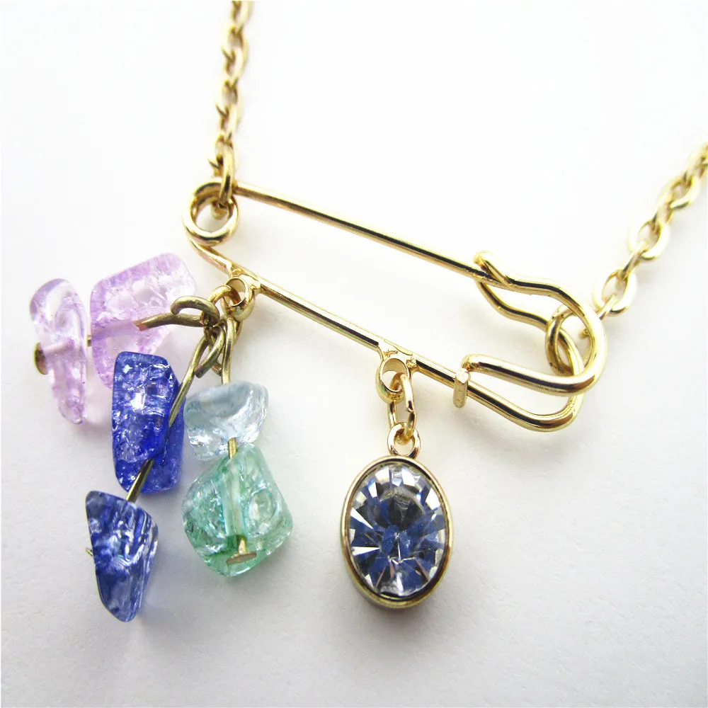 necklaces of safety pin with charms of semi-precious stone jewelry