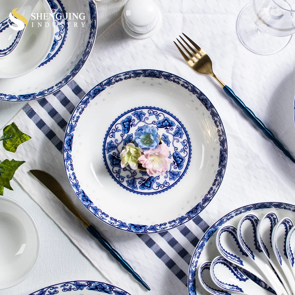 Jingdezhen Factory Bone China Blue and White Chinese Dinnerware Antique Flower Pattern Ceramic Tableware Set
