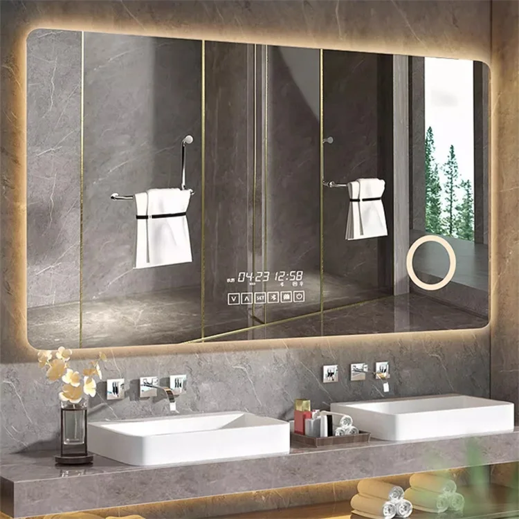 Custom  rectangular frameless smart led mirror with magnifying glass, time, temperature, Bluetooth for bathroom