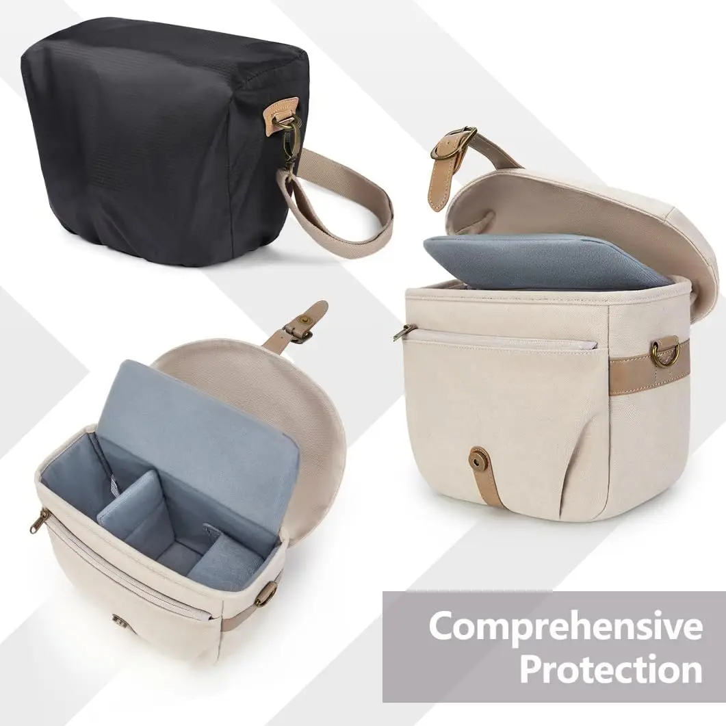 Camera Bag, SLR DSLR Canvas Camera Case, Vintage Padded Camera Shoulder Bag with Rain Cover for Women and Men, Ivory White
