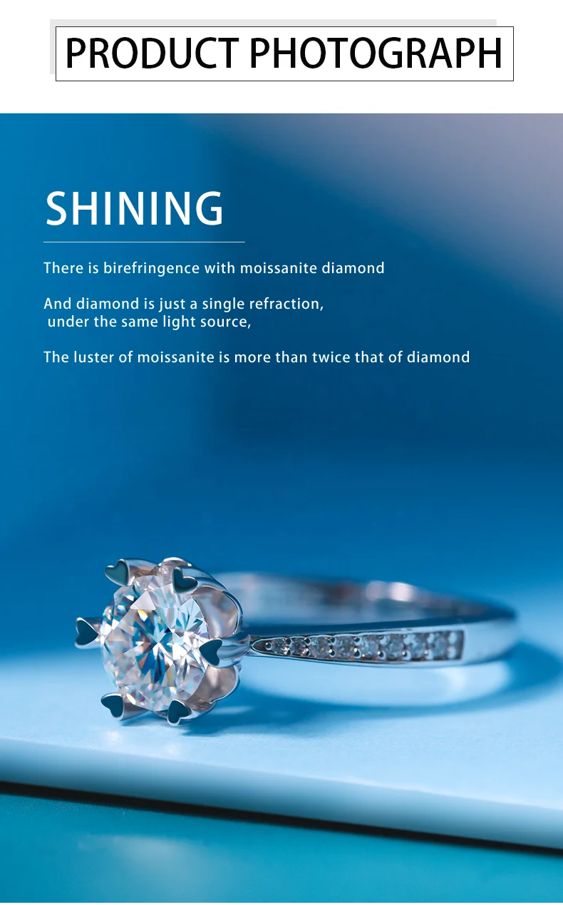 Hot Selling White DEF Color 925 Silver Stunning 1ct Gem Stone Moissanite Jewelry Ring