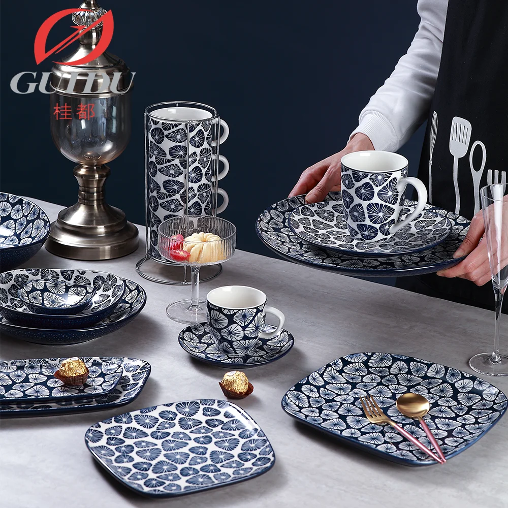 Wholesale brand Luxury Porcelain Ceramic Tableware plate dish serving marble design Stoneware Square Dinnerware set