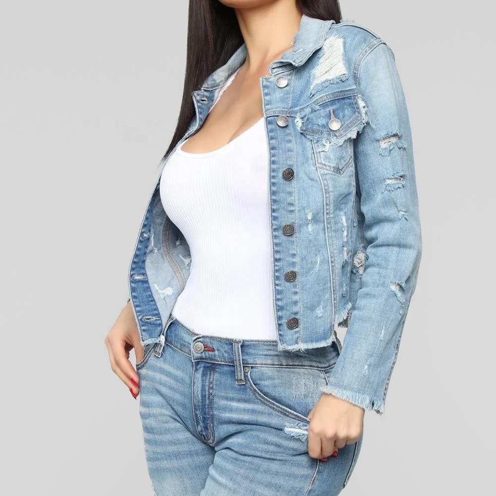 Customized fashion crop denim jaket women ripped jean jackets