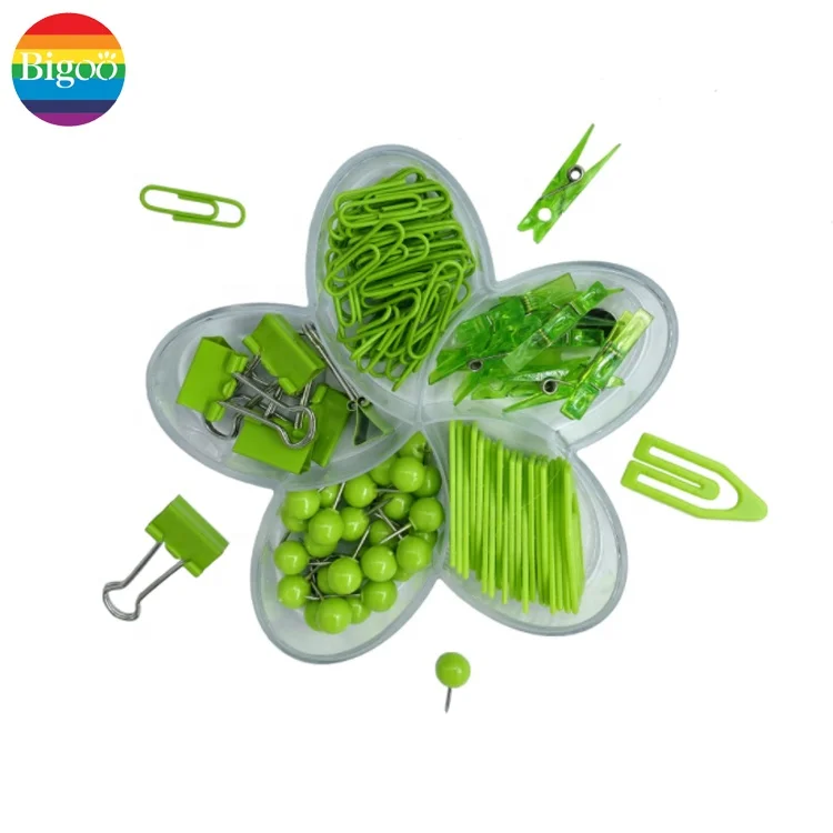 Fresh office clip set in green color binder clips push pins ball tack paper clips for school office stationery set accessory kit
