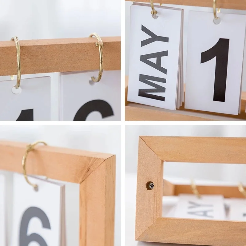 Vintage Wood Block Perpetual Calendar Month Week Date Blocks Home Desk Elegant Christmas Decoration Gift Model Clock Hanger Box