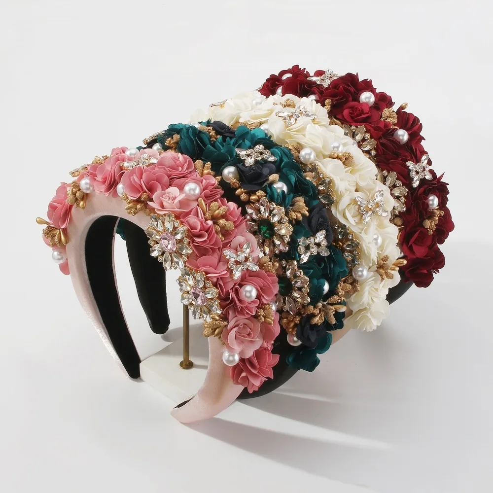 Fashion wide-brimmed fabric hair accessories Baroque imitation pearl flower headband Luxury palace style headband