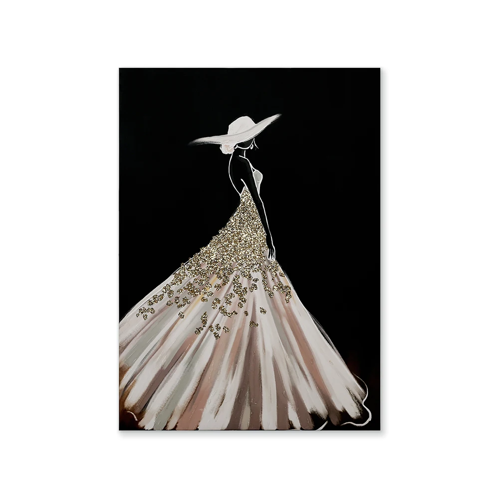 Modern Hand Painted Gold Glitters Dress Stretched Canvas Abstract Figure Artwork Home Decor Print On Canvas Custom Art Prints