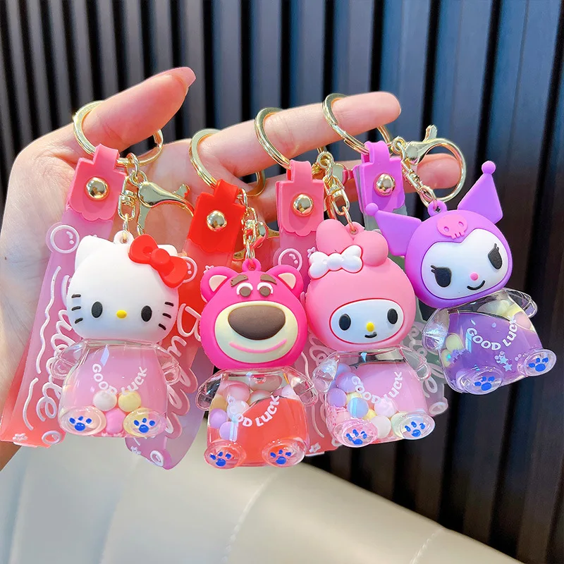 New Arrival Wholesale Cute Sanrio Items Kuromi Hello Kitty Doll Oil Floating Key Chain Kawaii Quicksand Liquid Keychain