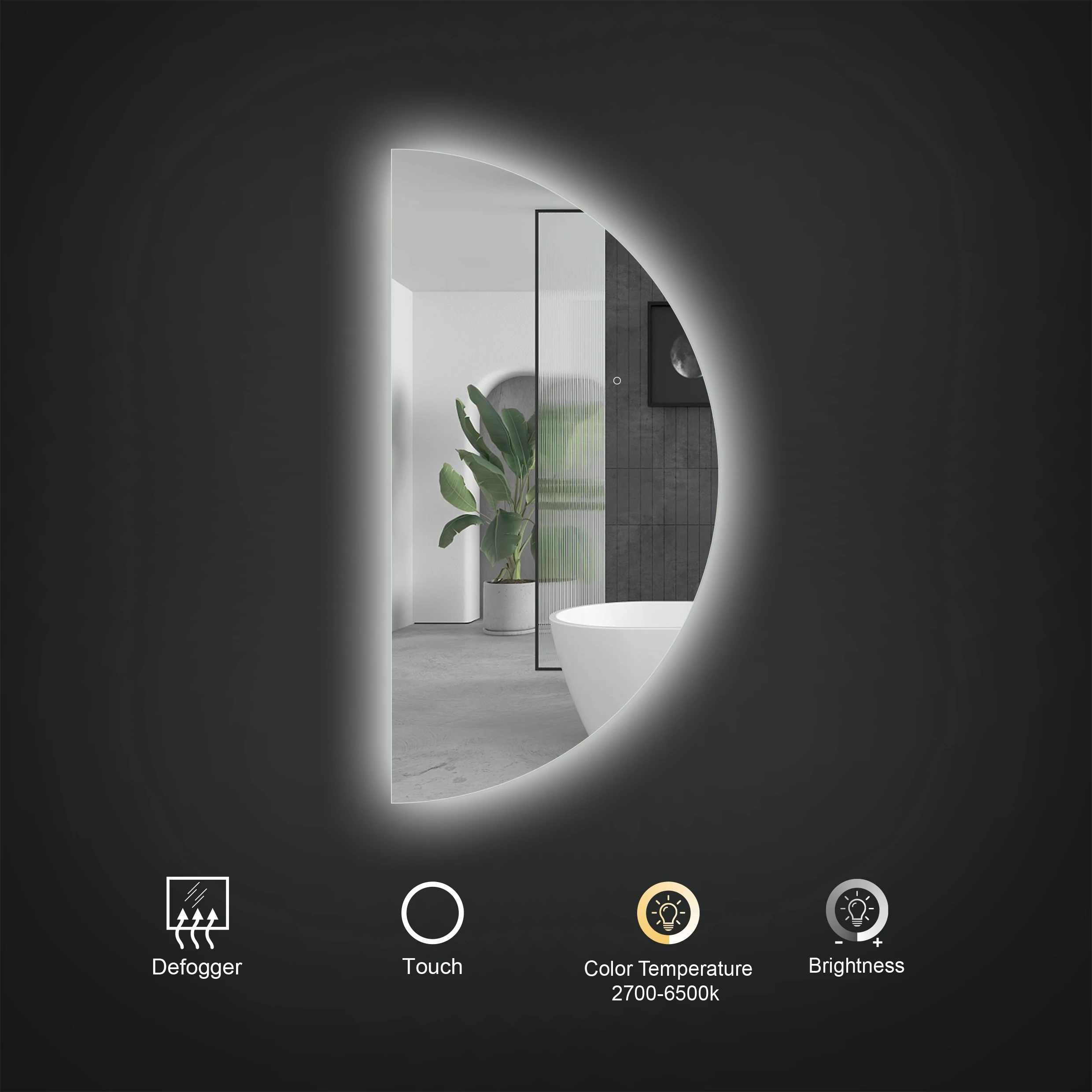 Bathnology Modern Home Decor Half Moon Round Shape Led Light Smart Mirror Touch Sensor Switch Wall Bathroom Mirror