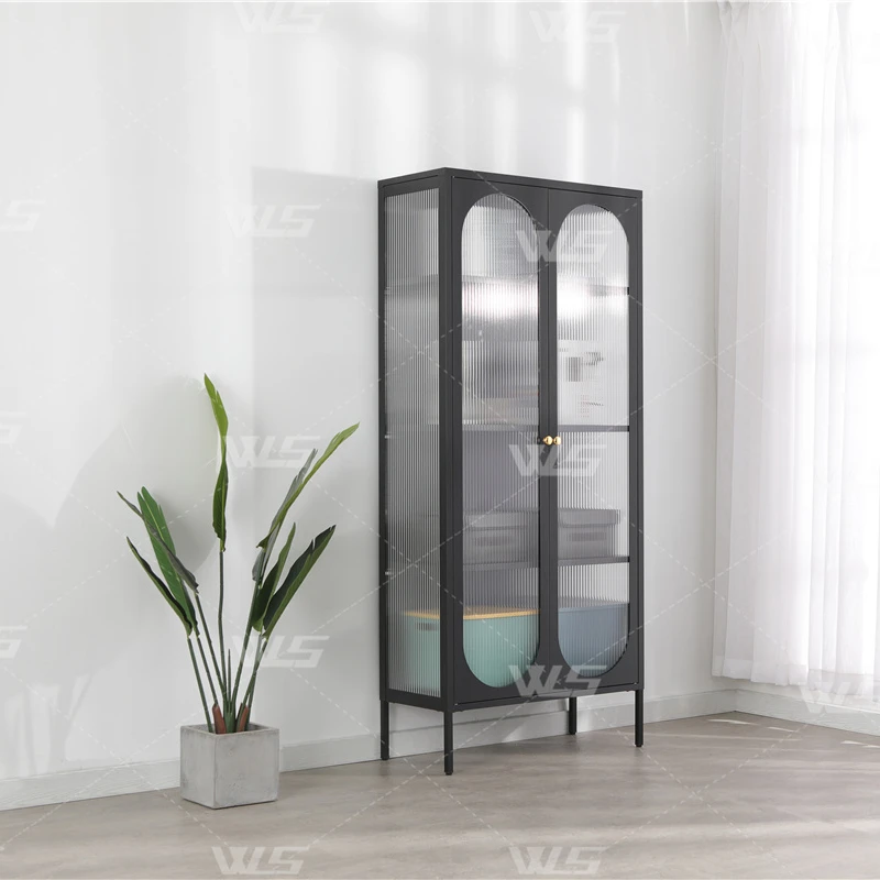 Living Room Furniture Black Industrial Modern Reeded Fluted Glass Storage Display Cabinet