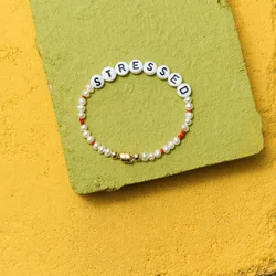 Custom Acrylic Letter Charm Bangle Women Handmade Stainless Steel Natural Pearl Bracelets