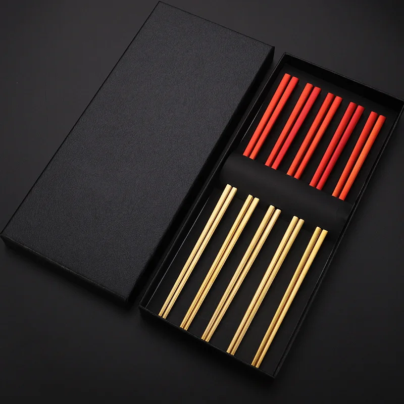 High Quality Luxury Reusable Custom Titanium Plated Color Korean Square Shape Sushi Silver Stainless Steel Chopstick
